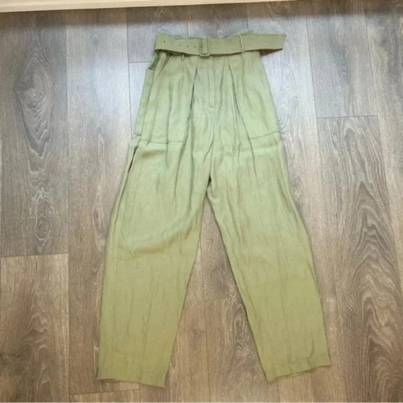 Aritzia Wilfred Le Fou Leonce Belted Pants High rise waist tapered pleated green - Picture 10 of 16